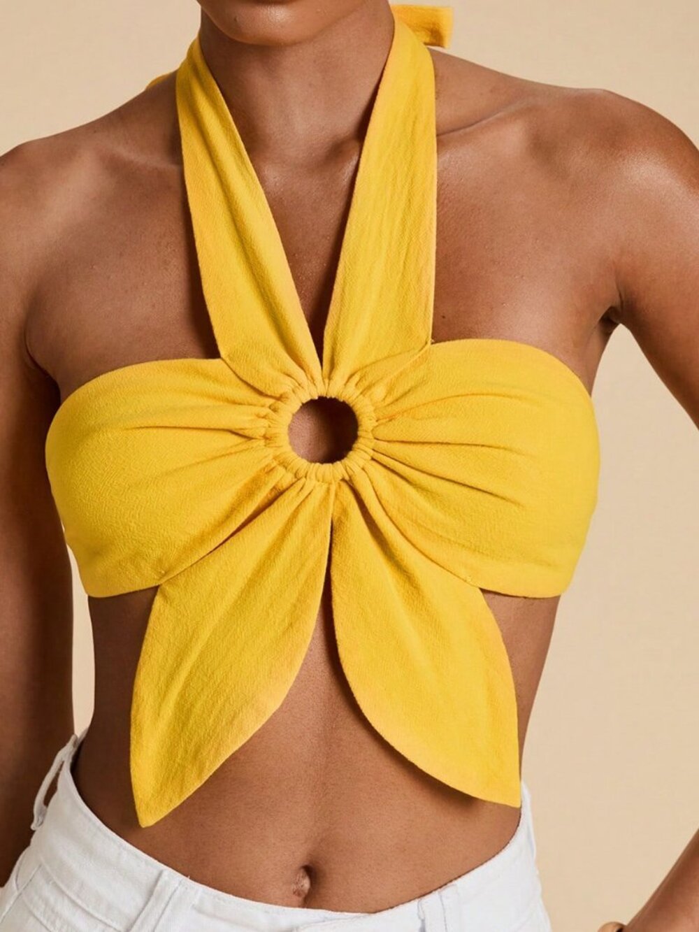 Yellow Sexy Women's Flower Halter Neck Tie Backless Top